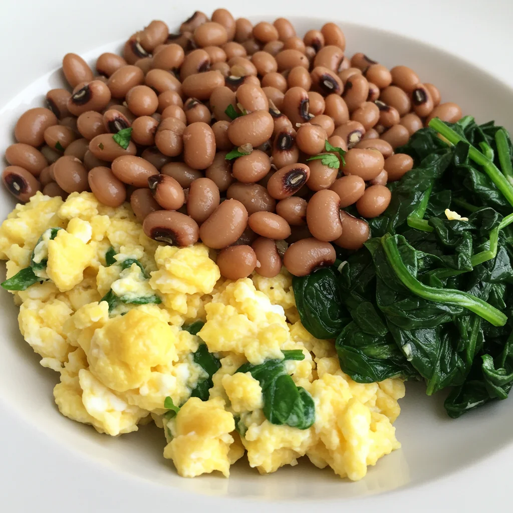 Боб 'черно око' с яйца и спанак